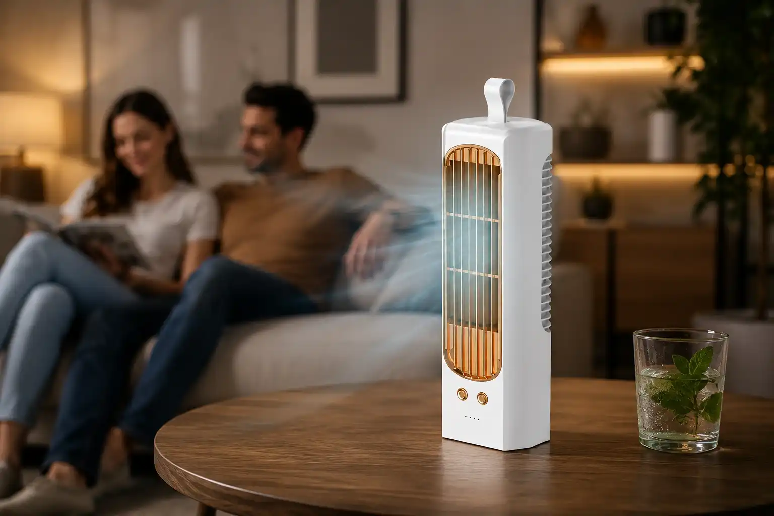 Compact portable air conditioner on a desk